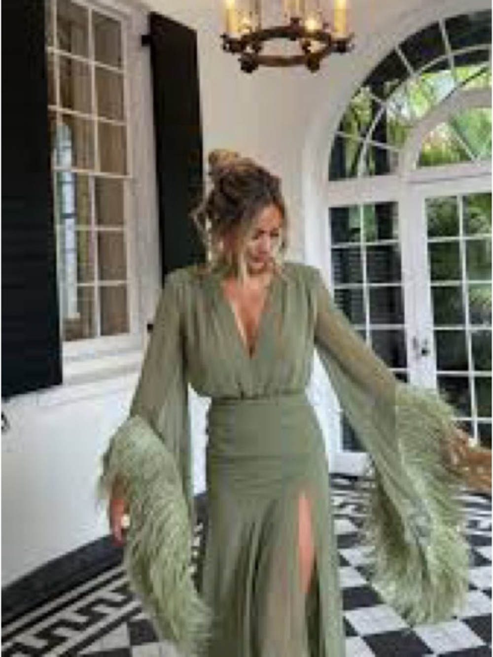 Bronx and Banco Revolve FWRD Geisha Ostrich Feather Gown Sage Green RARE - Picture 6 of 6